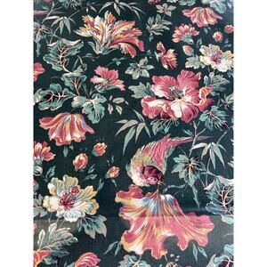 Vtg York Upholstery Drapery Fabric 50 x55 Black Floral Birds Polished Chintz